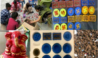 महिलाएं तैयार कर रहीं गोबर के दीपक